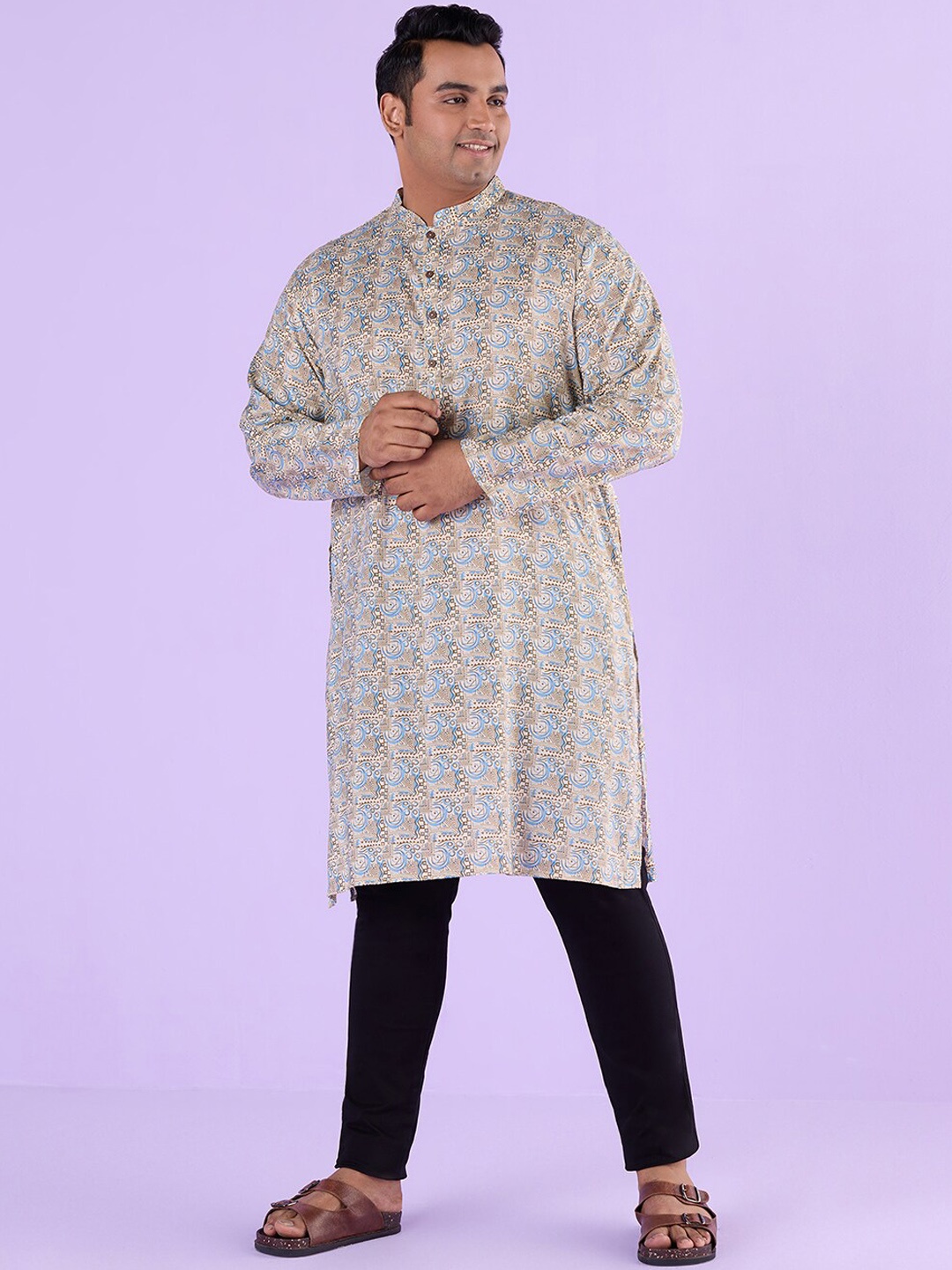 

Big Hello - The Plus Life Ethnic Motifs Printed Cotton Straight Kurta, Beige