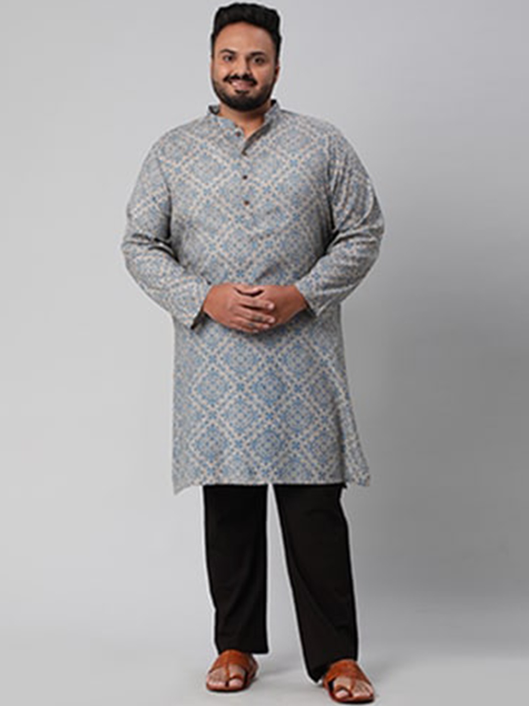 

Big Hello - The Plus Life Ethnic Motifs Printed Mandarin Collar Cotton Kurta, Olive