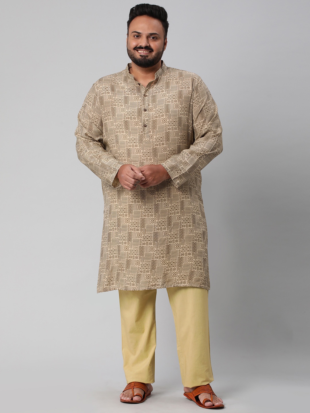 

Big Hello - The Plus Life Geometric Printed Cotton Kurta, Brown