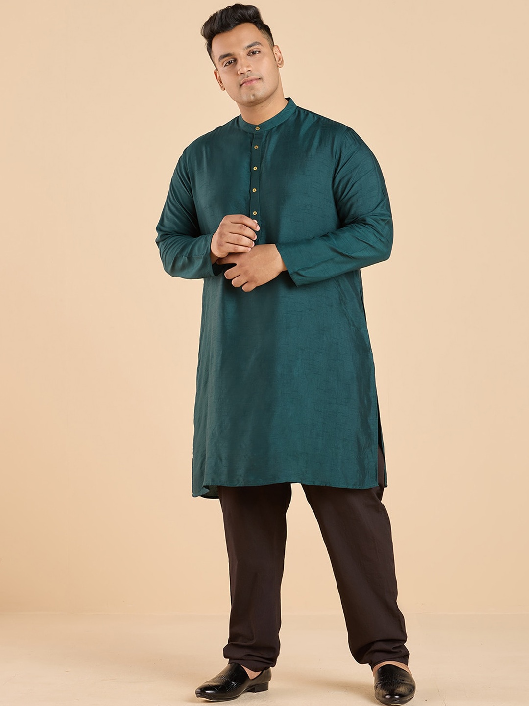 

Big Hello - The Plus Life Band Collar Straight Kurta, Green