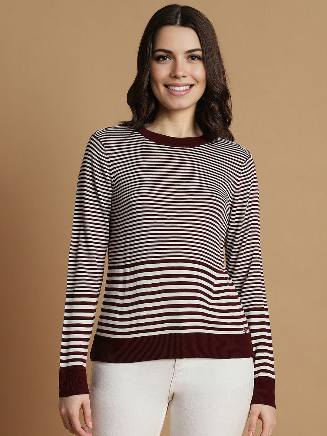 

Allen Solly Woman Striped Round Neck Top, Maroon