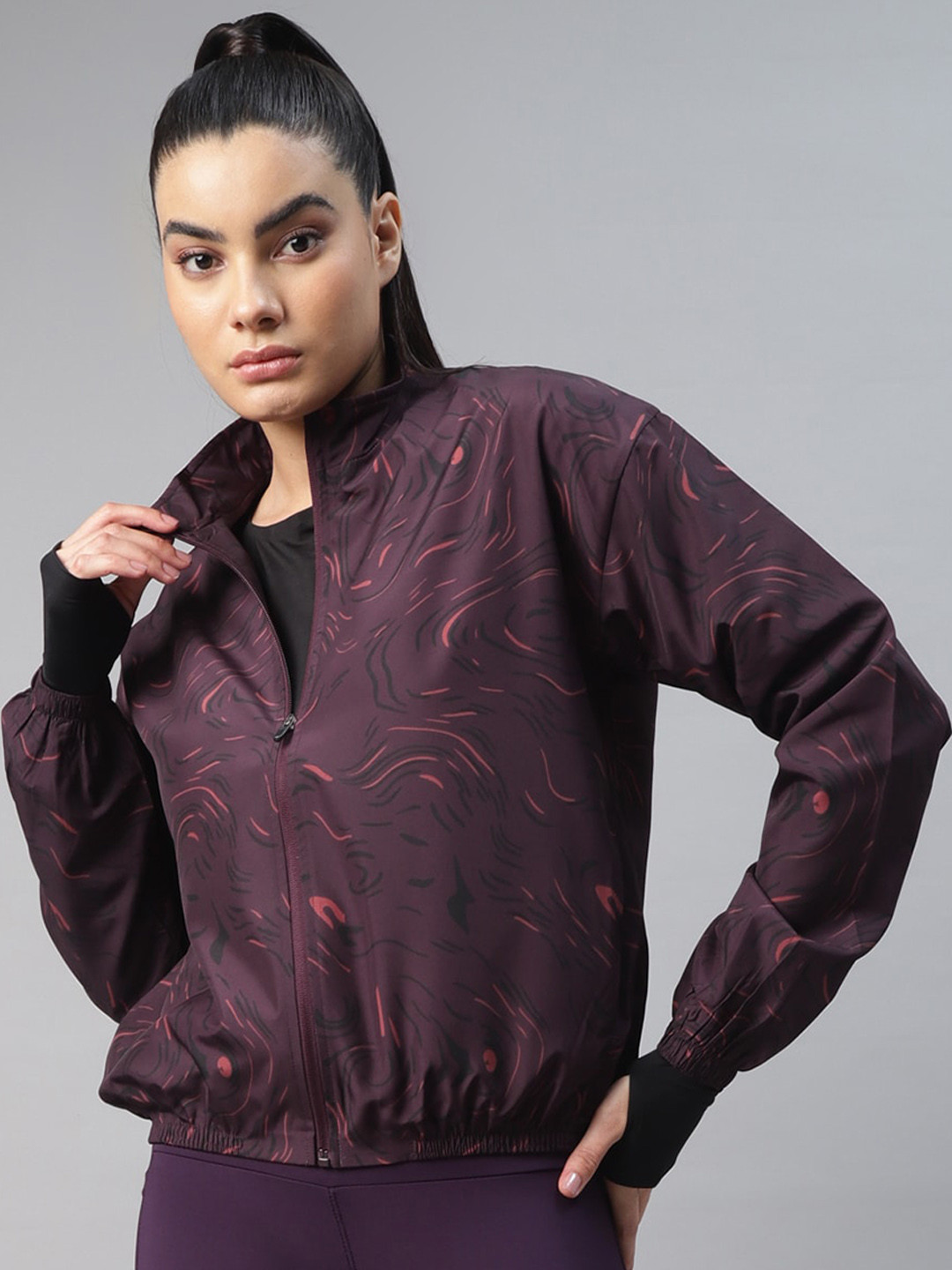 

DIDA Women Versatile Quick-Dry Active-Fit Abstract Print with Gloves Sports Jacket, Maroon
