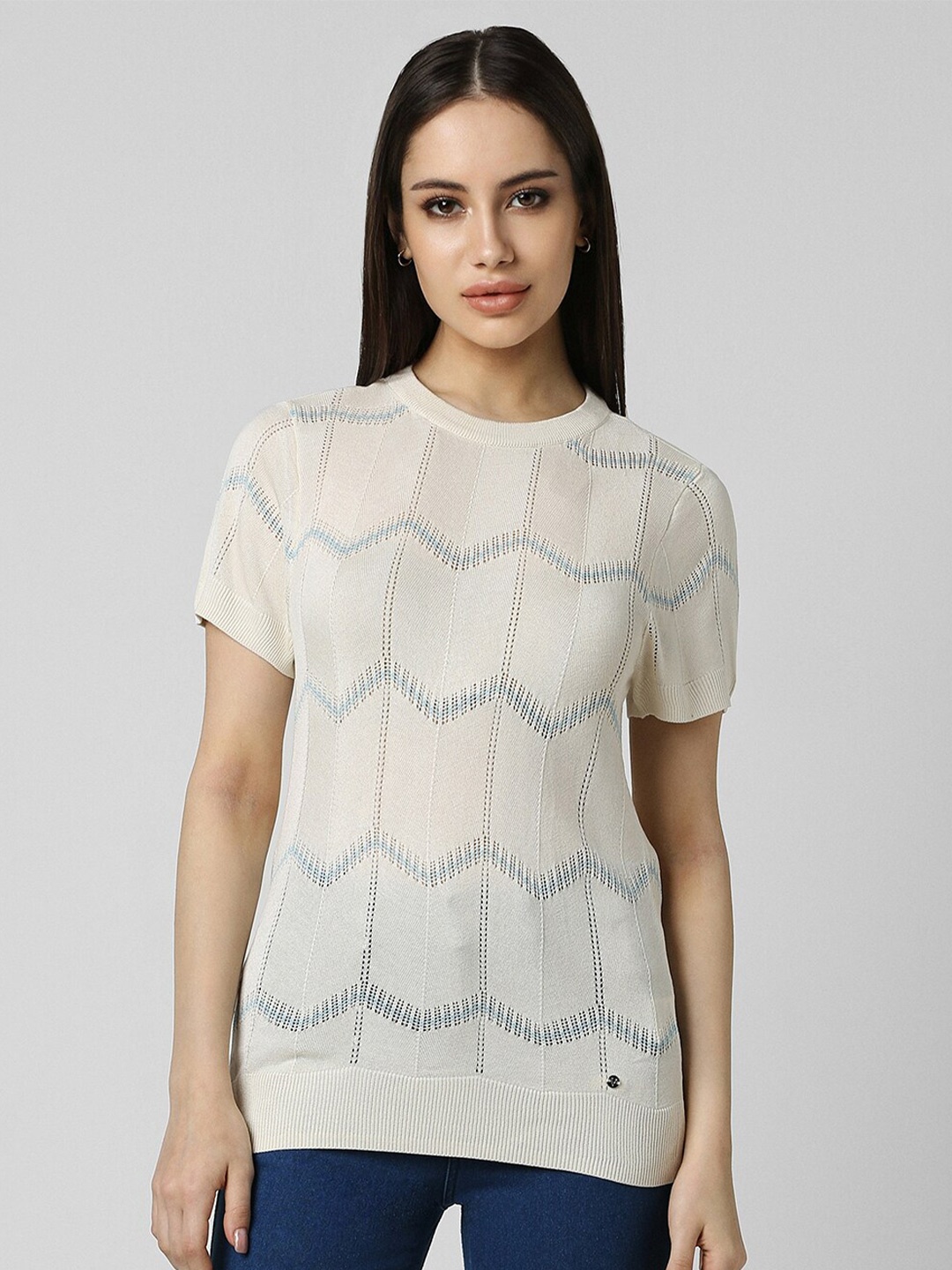 

Van Heusen Woman Round Neck Printed Casual Top, Cream