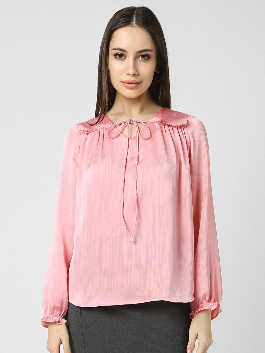 

Van Heusen Woman Textured Tie-Up Neck Puff Sleeve Top, Pink