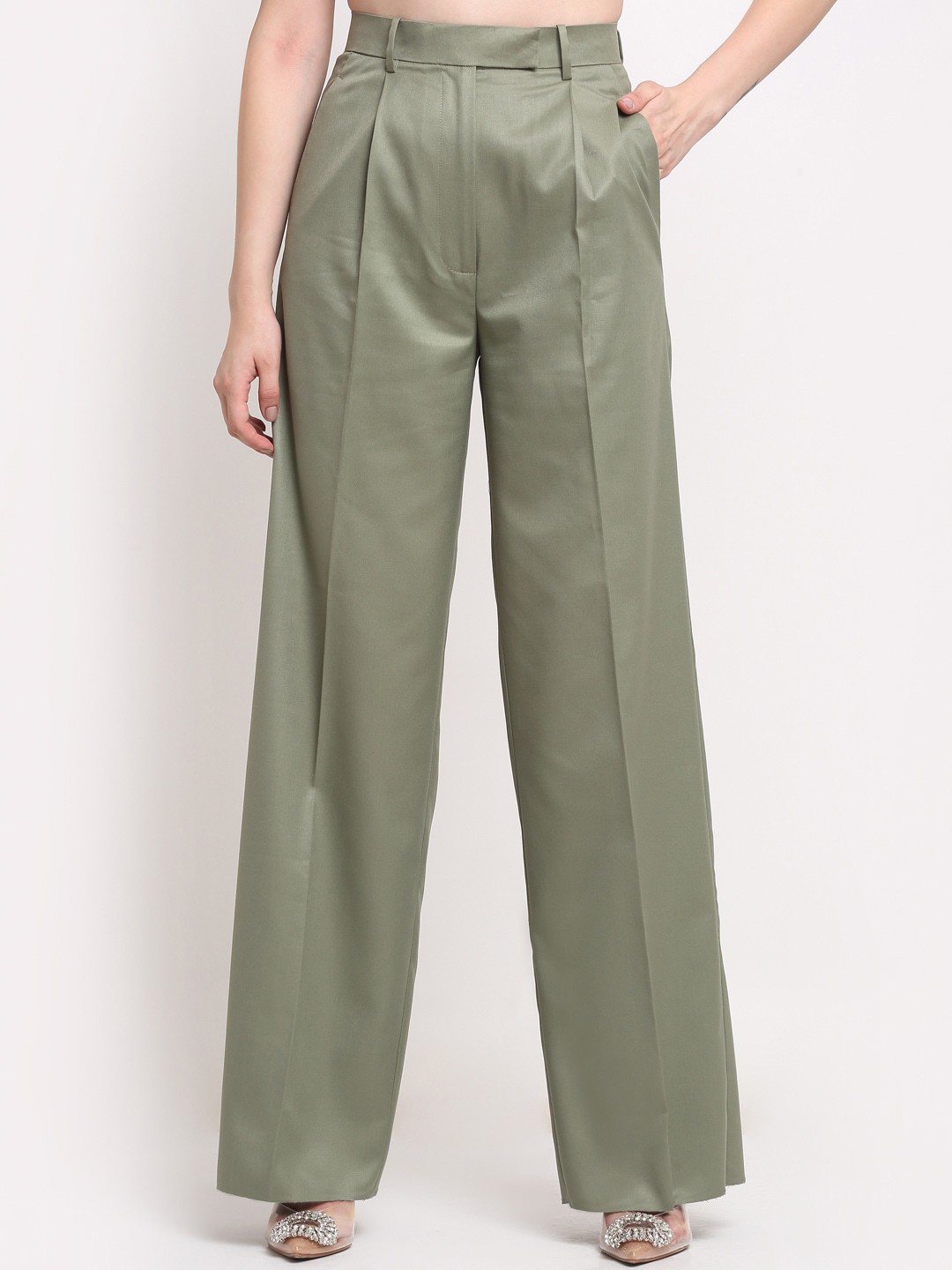 

Ennoble Women Smart High-Rise Easy Wash Pleated Trousers, Green