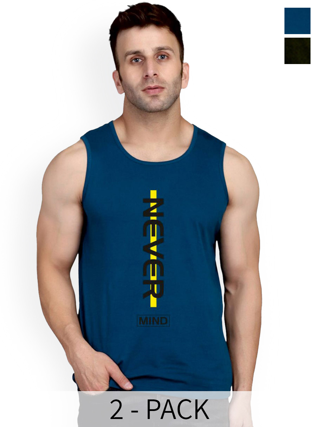 

SLOWLORIS Pack Of 2 Printed Bio-Wash Pure Cotton Innerwear Vests, Navy blue