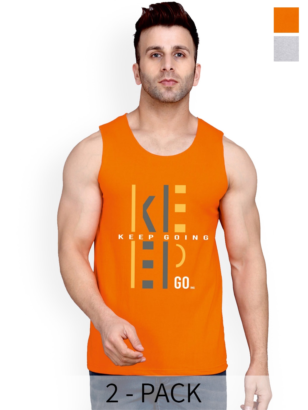 

SLOWLORIS Pack of 2 Printed Cotton Innerwear Vests SL26 ( ORANGE KEEP ) ( BLACKGREY FRD ), Black