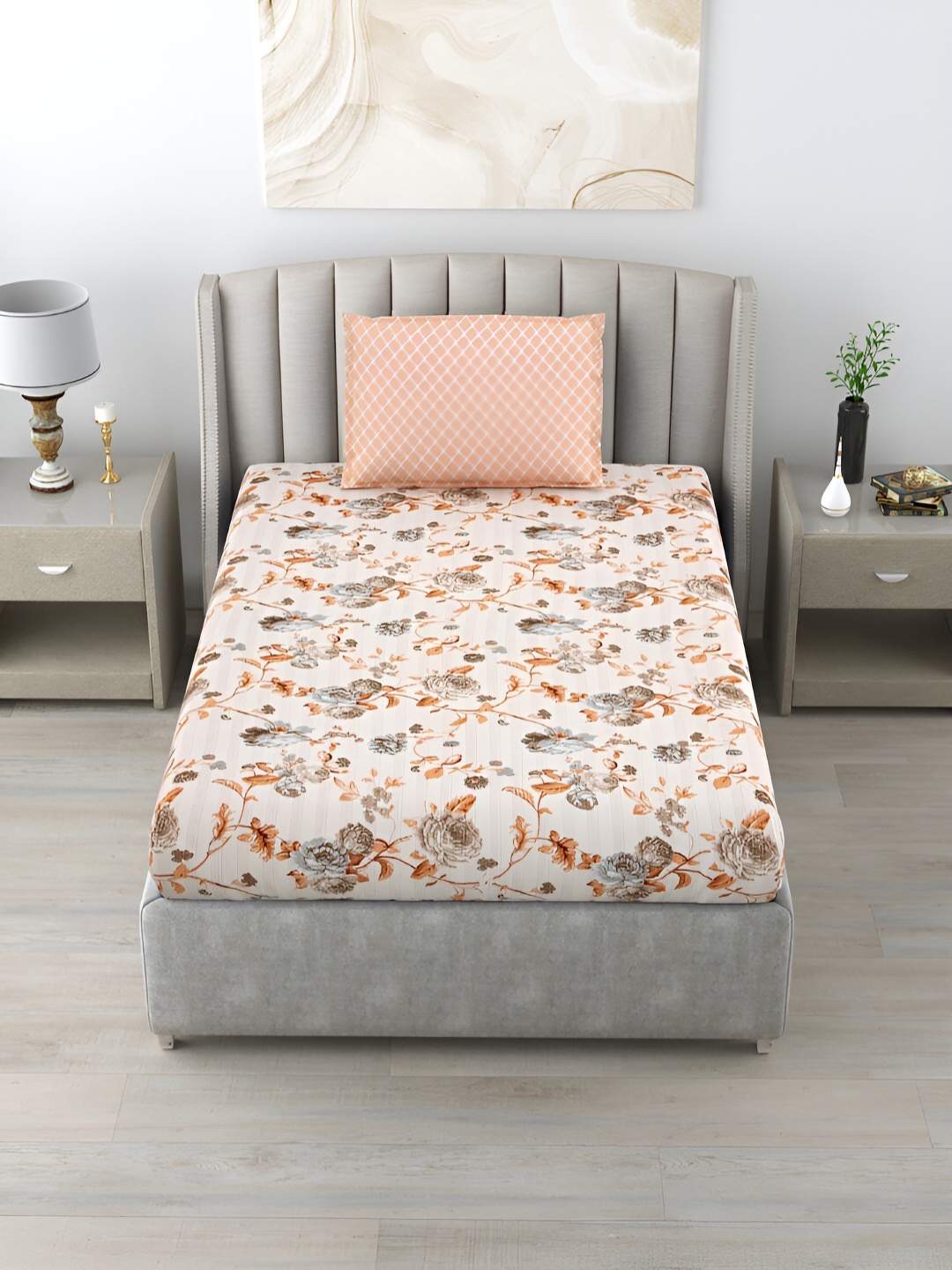 

Salona Bichona Peach & Beige Floral Cotton 152 TC Single Bedsheet With 1 Pillow Cover