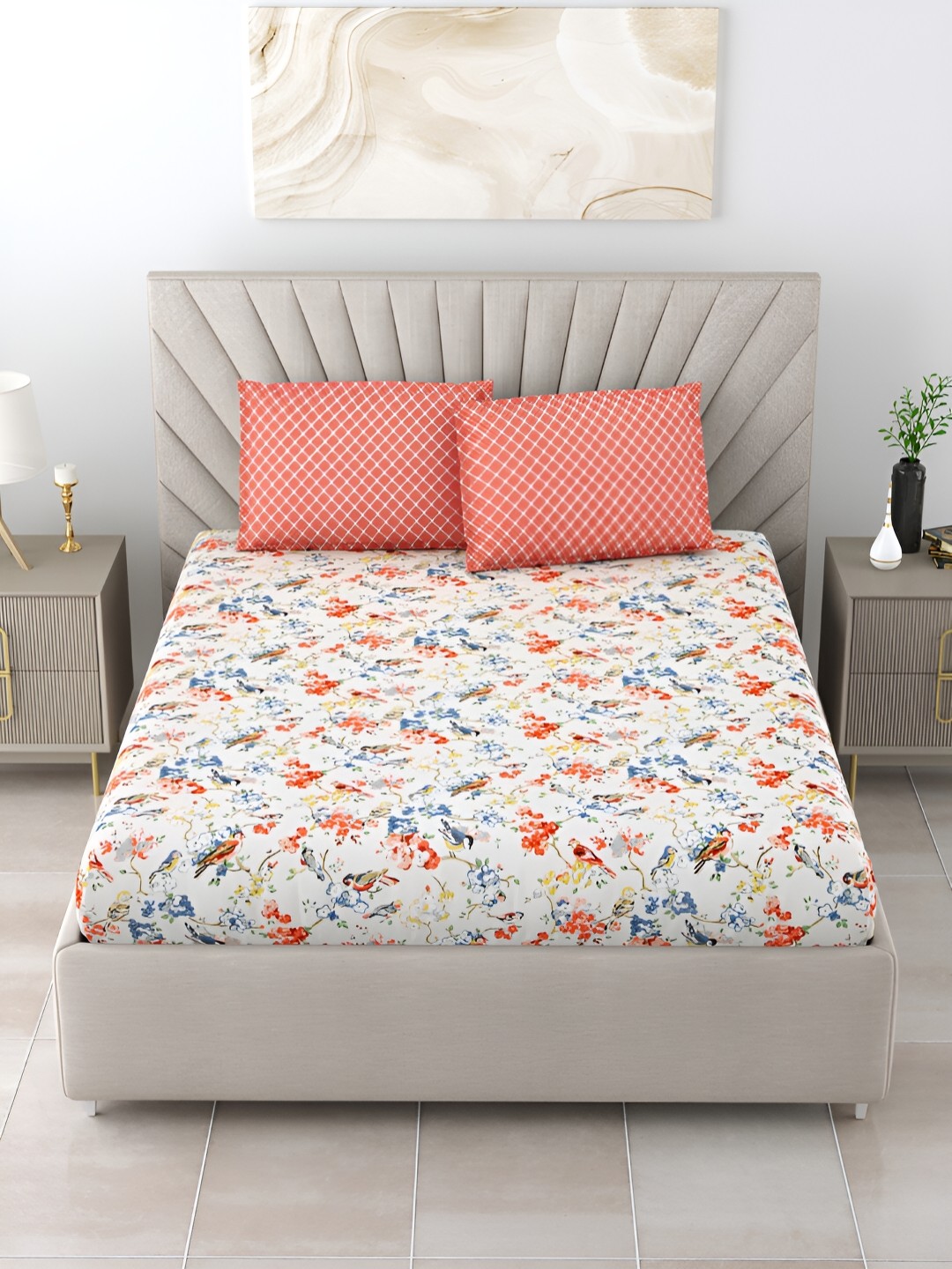 

Salona Bichona Peach & Blue Floral Cotton 152 TC Queen Bedsheet With 2 Pillow Covers