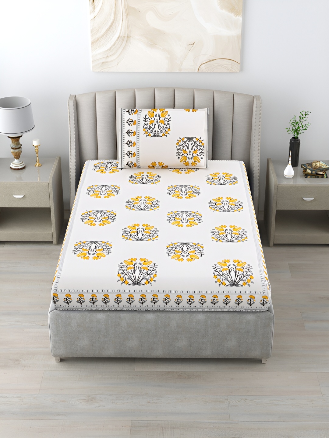 

Salona Bichona Yellow & White Ethnic Motifs Cotton 152 TC Single Bedsheet & 1 Pillow Cover
