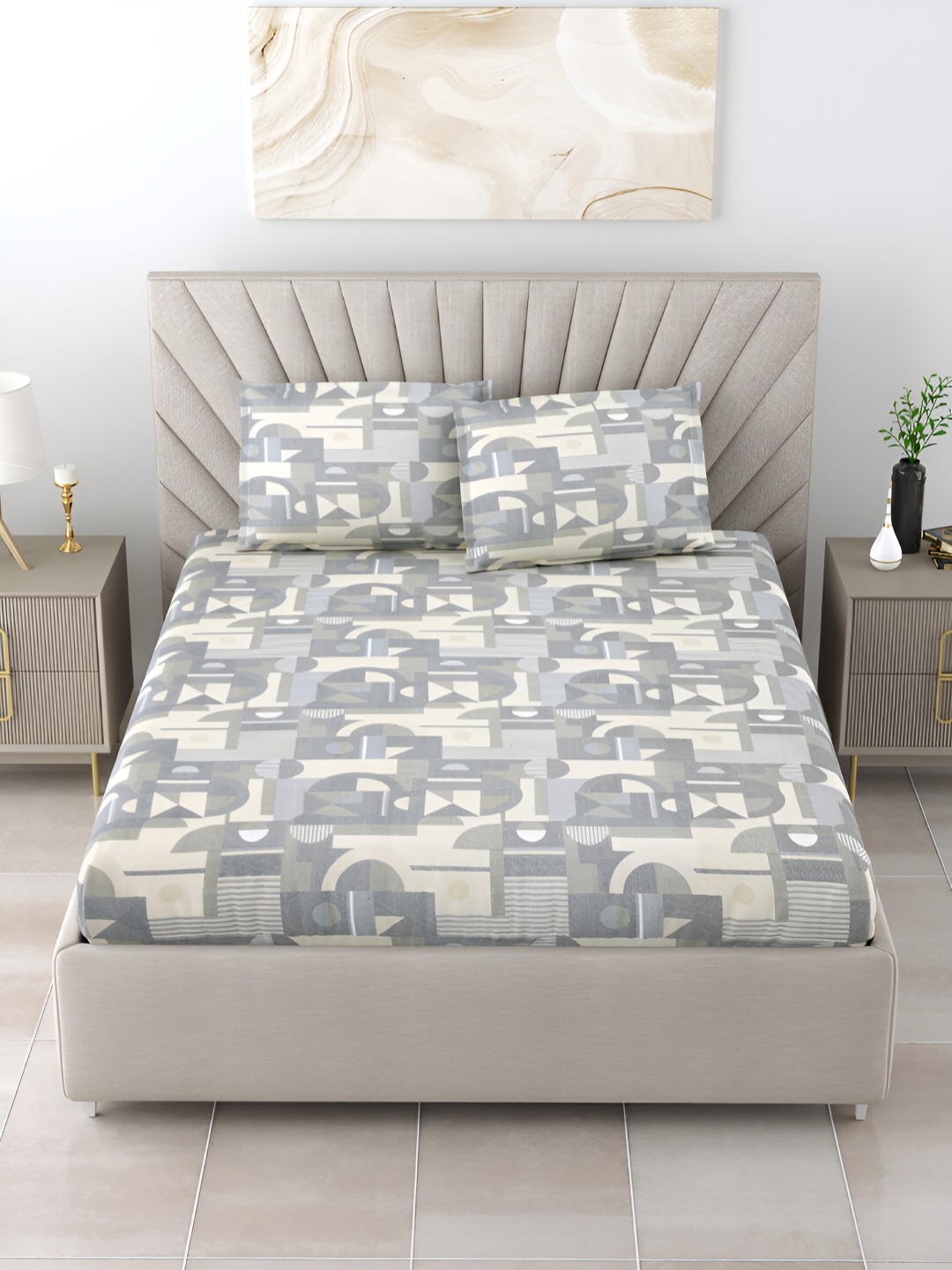 

Salona Bichona Grey & Beige Geometric Cotton 152 TC Queen Bedsheet With 2 Pillow Covers