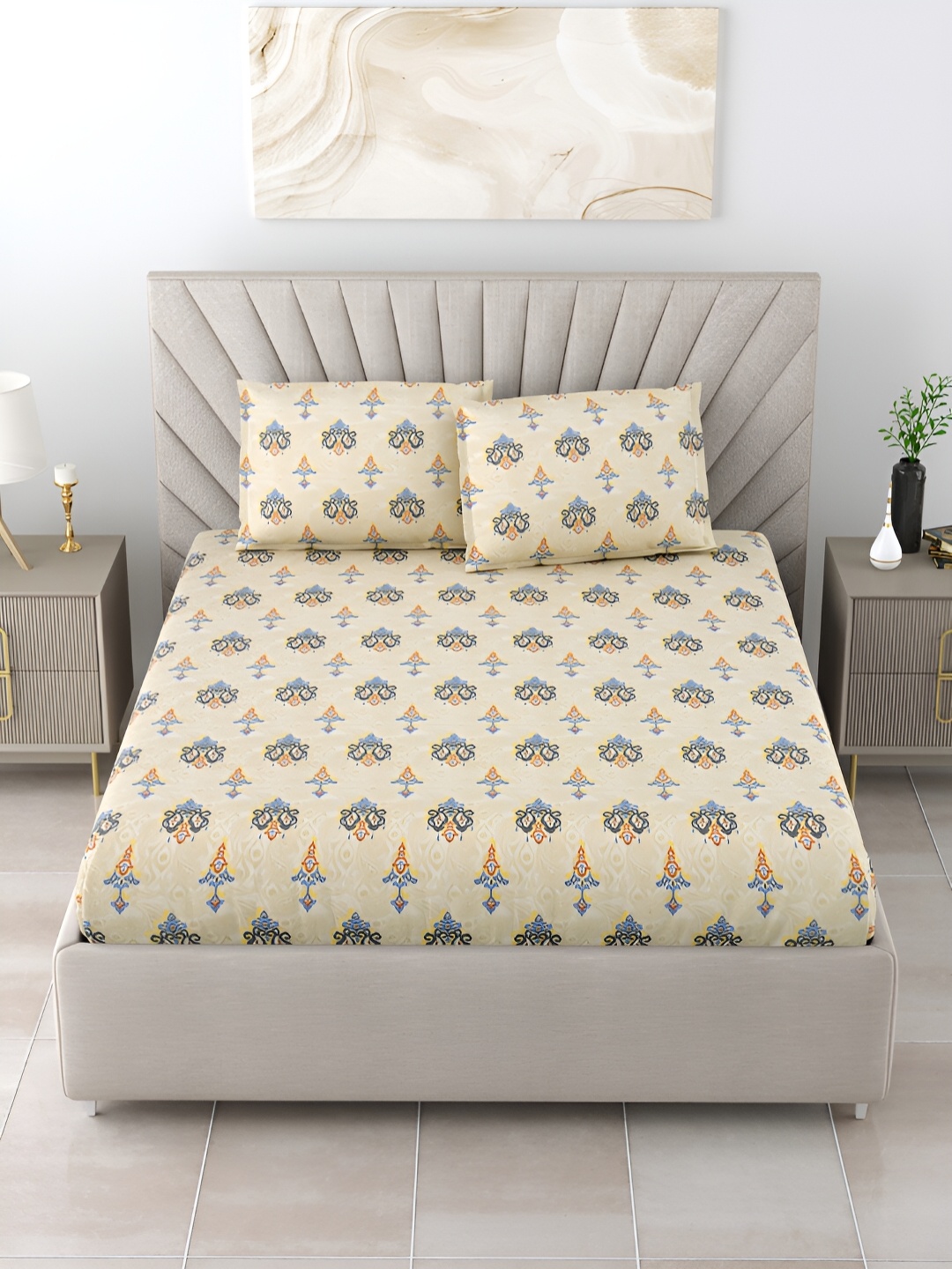 

Salona Bichona Beige & Blue Ethnic Motifs Cotton 152 TC King Bedsheet With 2 Pillow Covers