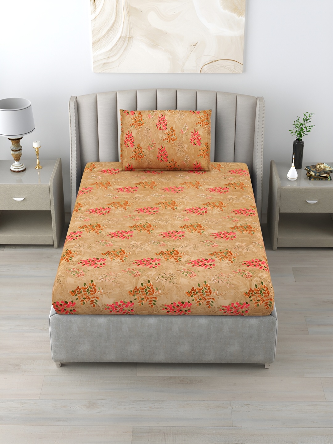 

Salona Bichona Orange & Green Floral Printed 152 TC Single Bedsheet Set