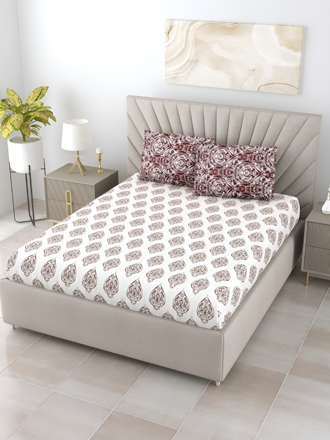 

Salona Bichona Brown & Cream-Coloured Floral Printed 300 TC King Bedsheet Set