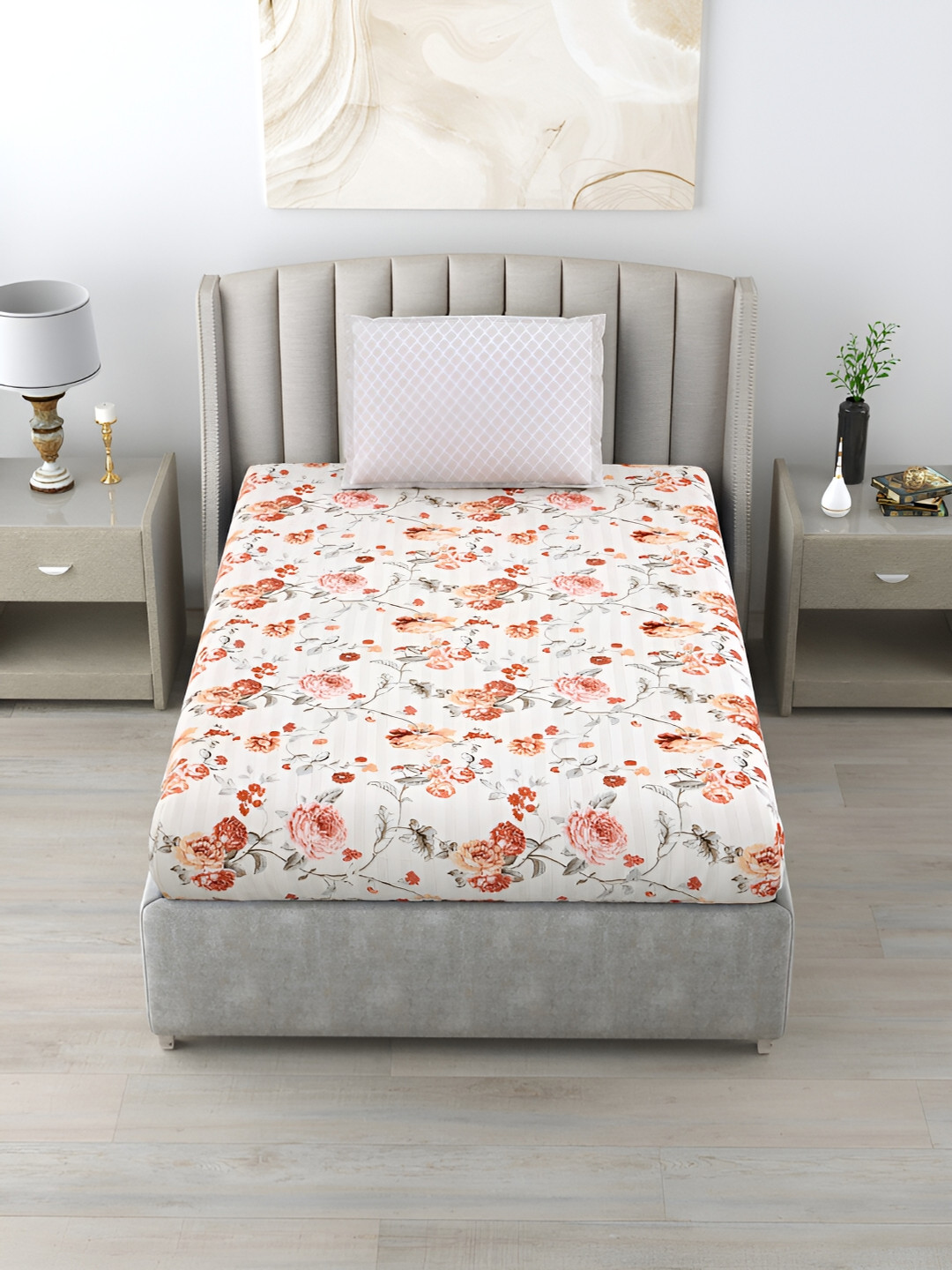 

Salona Bichona Pink & Beige Floral Printed 152 TC Single Bedsheet Set