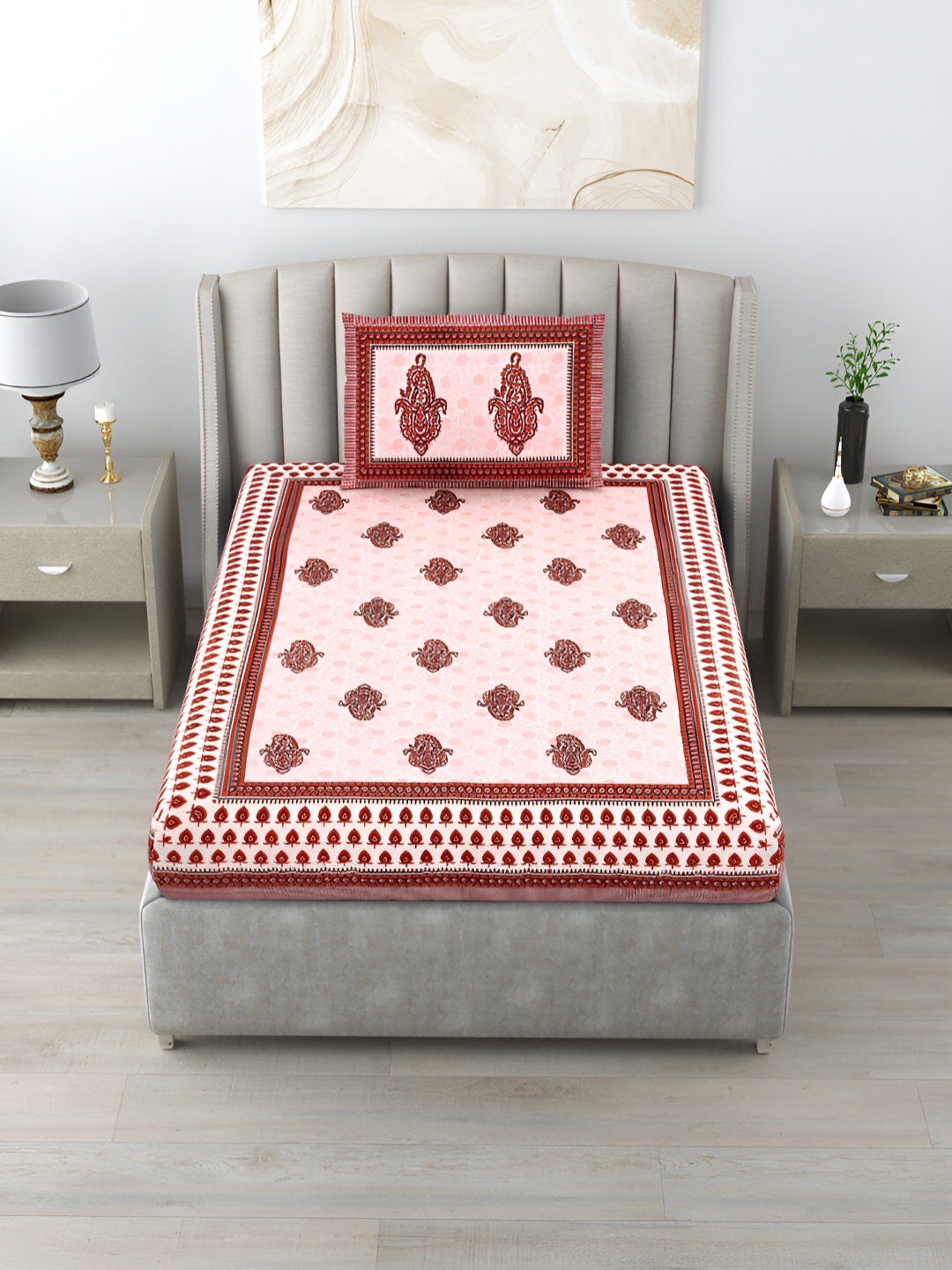 Salona Bichona Pink & Brown Ethnic Motifs 152 TC Single Bedsheet Set