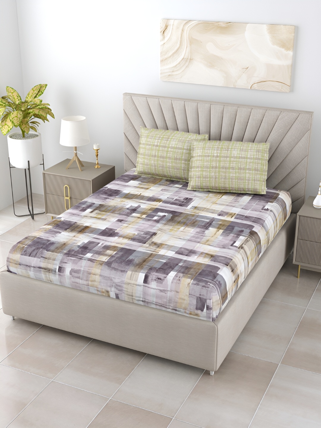 

Salona Bichona Beige & Grey 300 TC Abstract Printed King Bedsheet Set