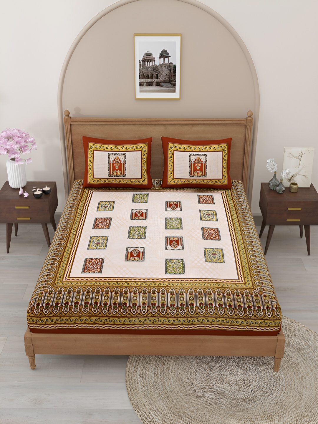 

Salona Bichona Yellow & Brown Floral 152 TC King Bedsheet Set
