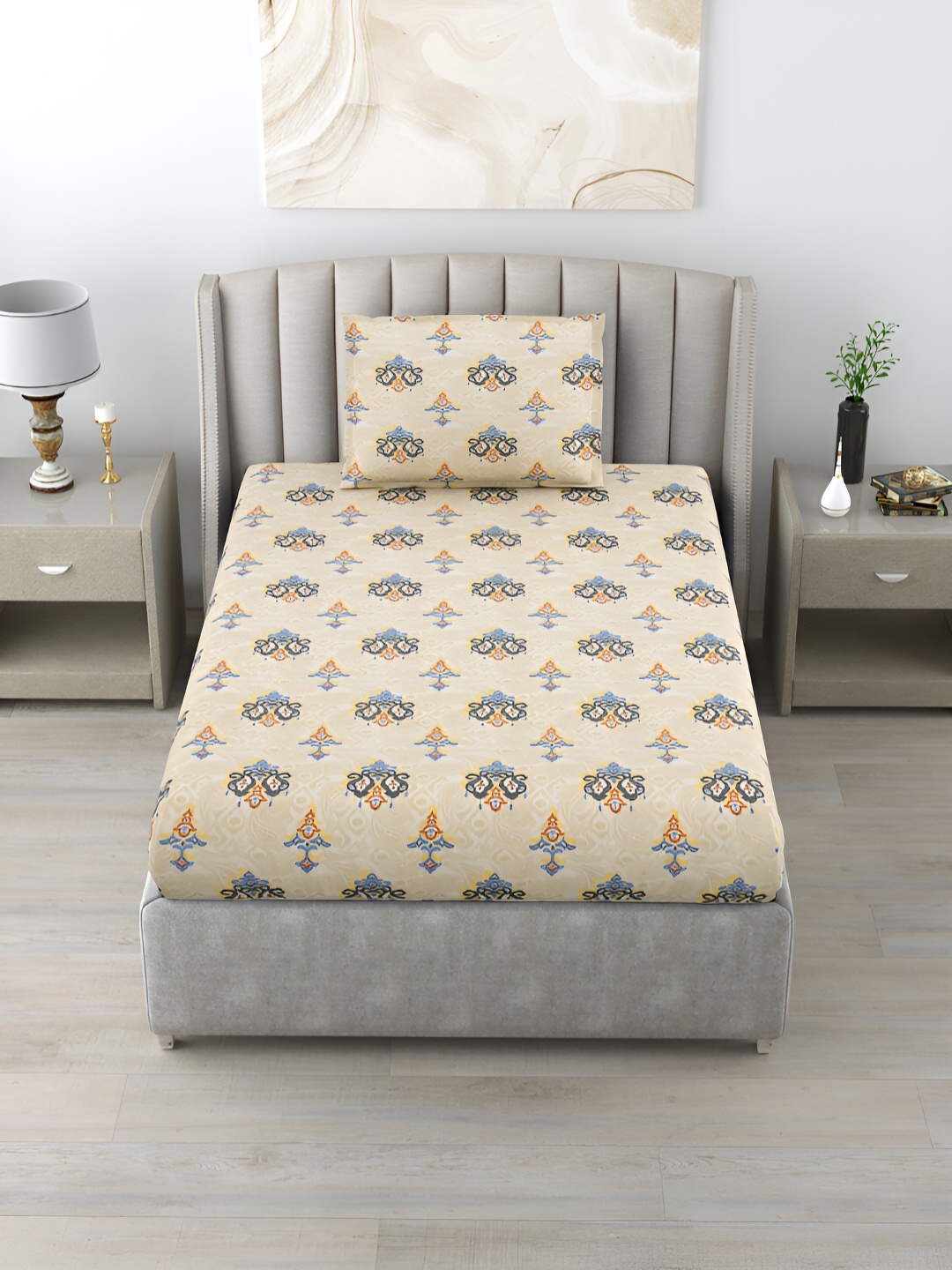 

Salona Bichona Beige & Purple Ethnic Motifs 152 TC Single Bedsheet Set