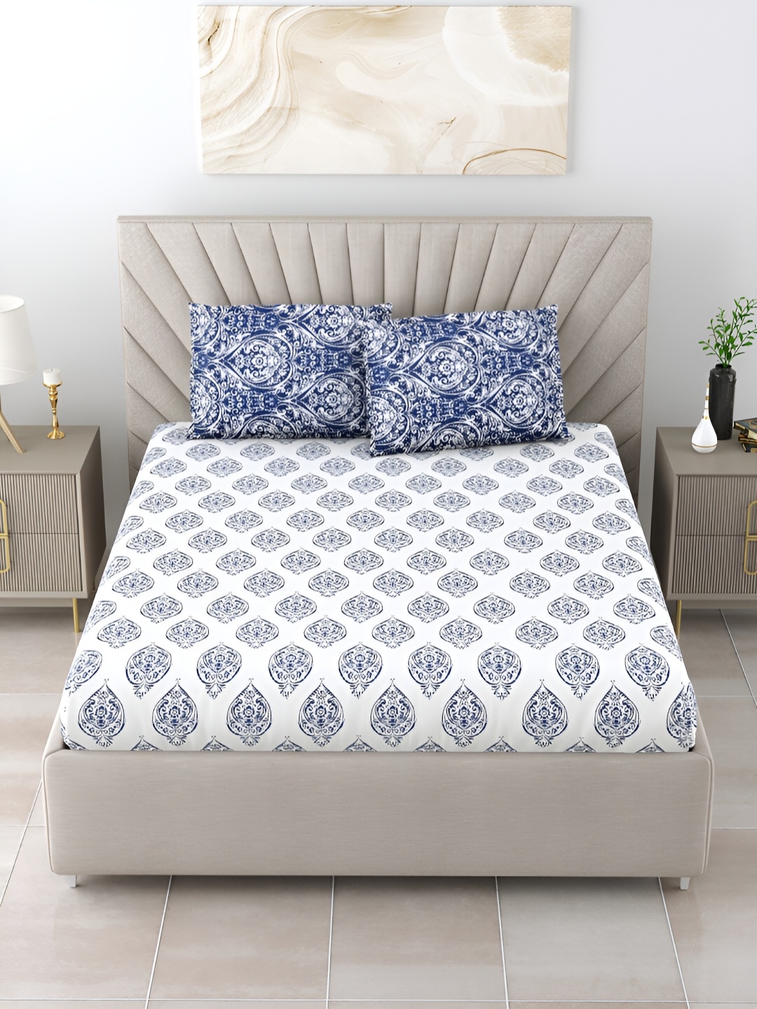 Salona Bichona Blue & White Ethnic Motifs 300 TC King Bedsheet Set