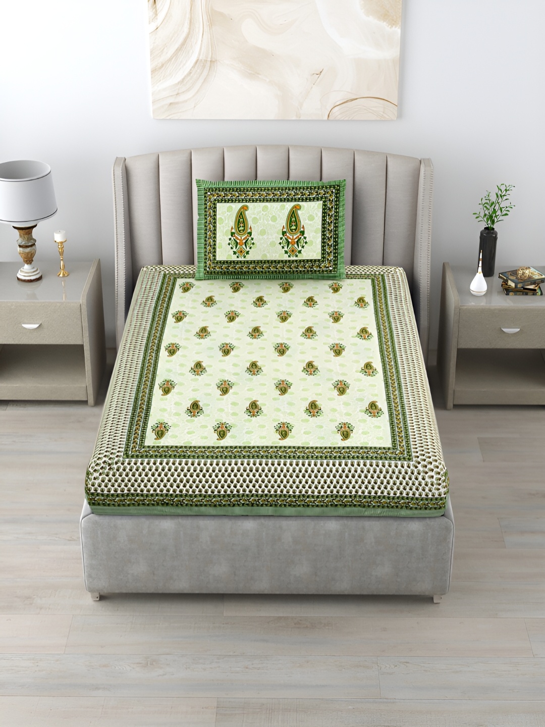 

Salona Bichona Green & Orange Ethnic Motifs 152 TC Single Bedsheet Set
