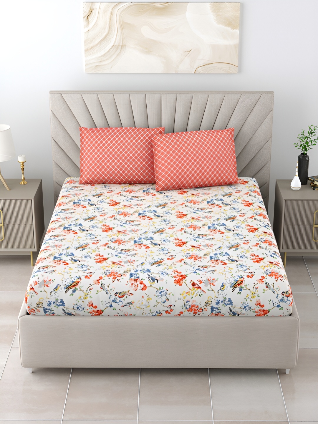 

Salona Bichona Peach-Coloured & White Floral Printed 152 TC King Bedsheet Set