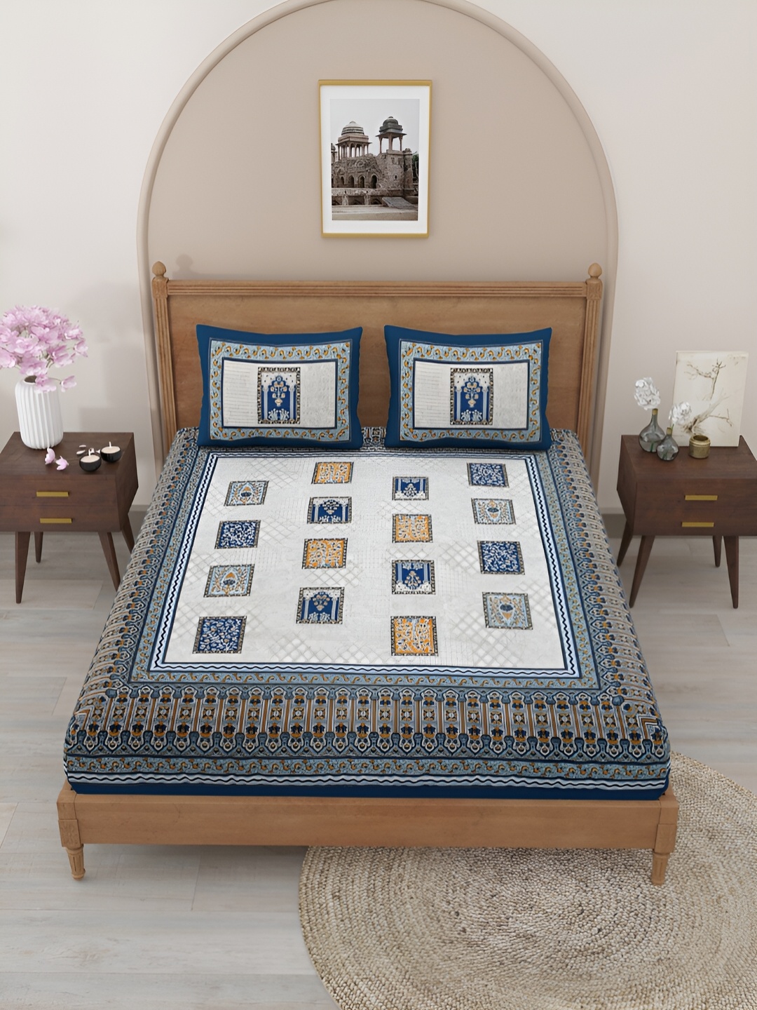 

Salona Bichona Blue & White Ethnic Motifs 152 TC King Bedsheet Set