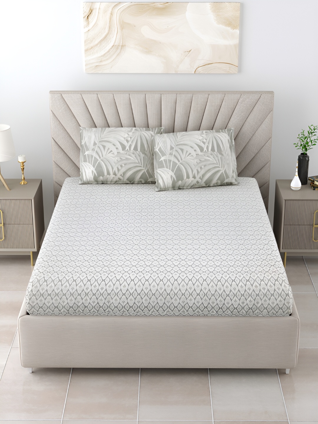 Salona Bichona Grey & White Striped 152 TC King Bedsheet Set