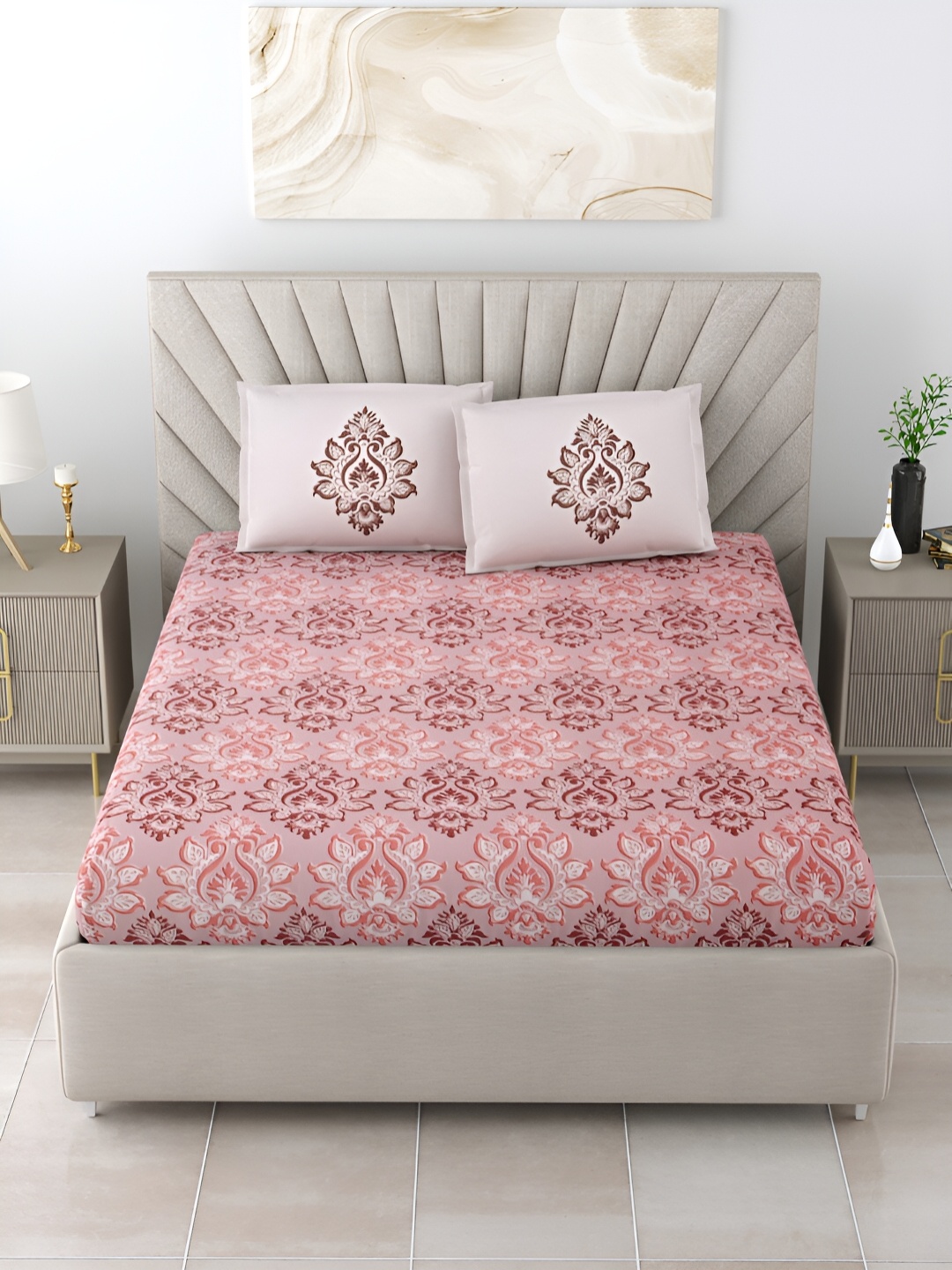 

Salona Bichona Pink & Grey Floral Printed 300 TC King Bedsheet Set