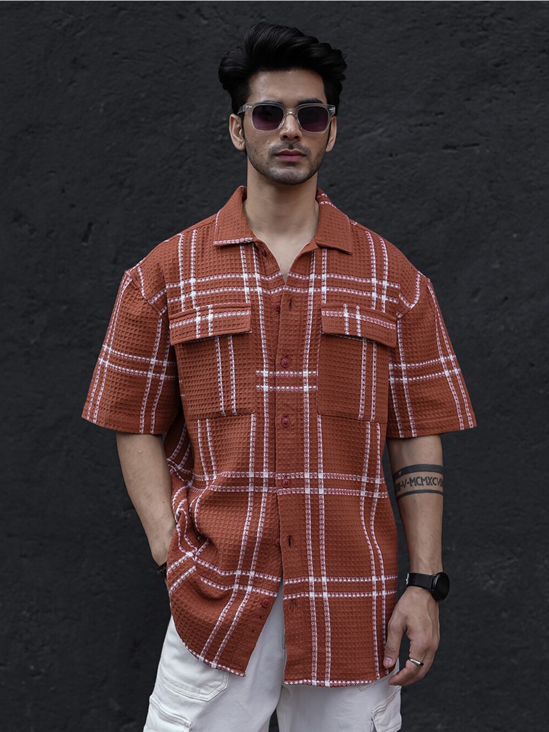 

Powerlook Orange Checked Casual Oversized Shirt, Rust