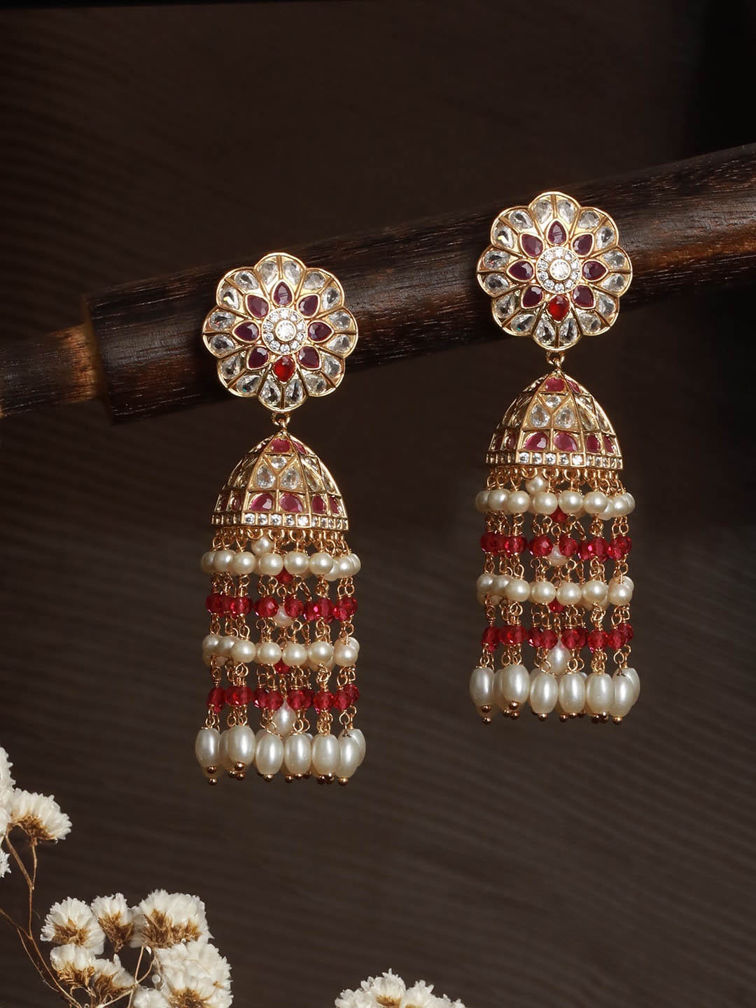 

Saraf RS Jewellery Gold-Plated American Diamond Studded & Pearl Beaded Jhumkas