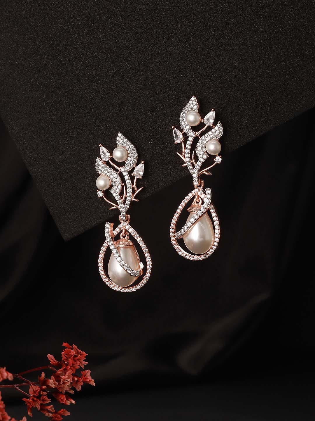 

Saraf RS Jewellery Rose Gold Plated American Diamond Studded & Pearl Beaded Drop Earrings