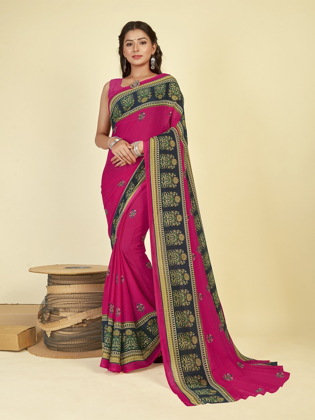 

ANAND SAREES Ethnic Motifs Printed Poly Georgette Saree with Blouse Piece, Pink