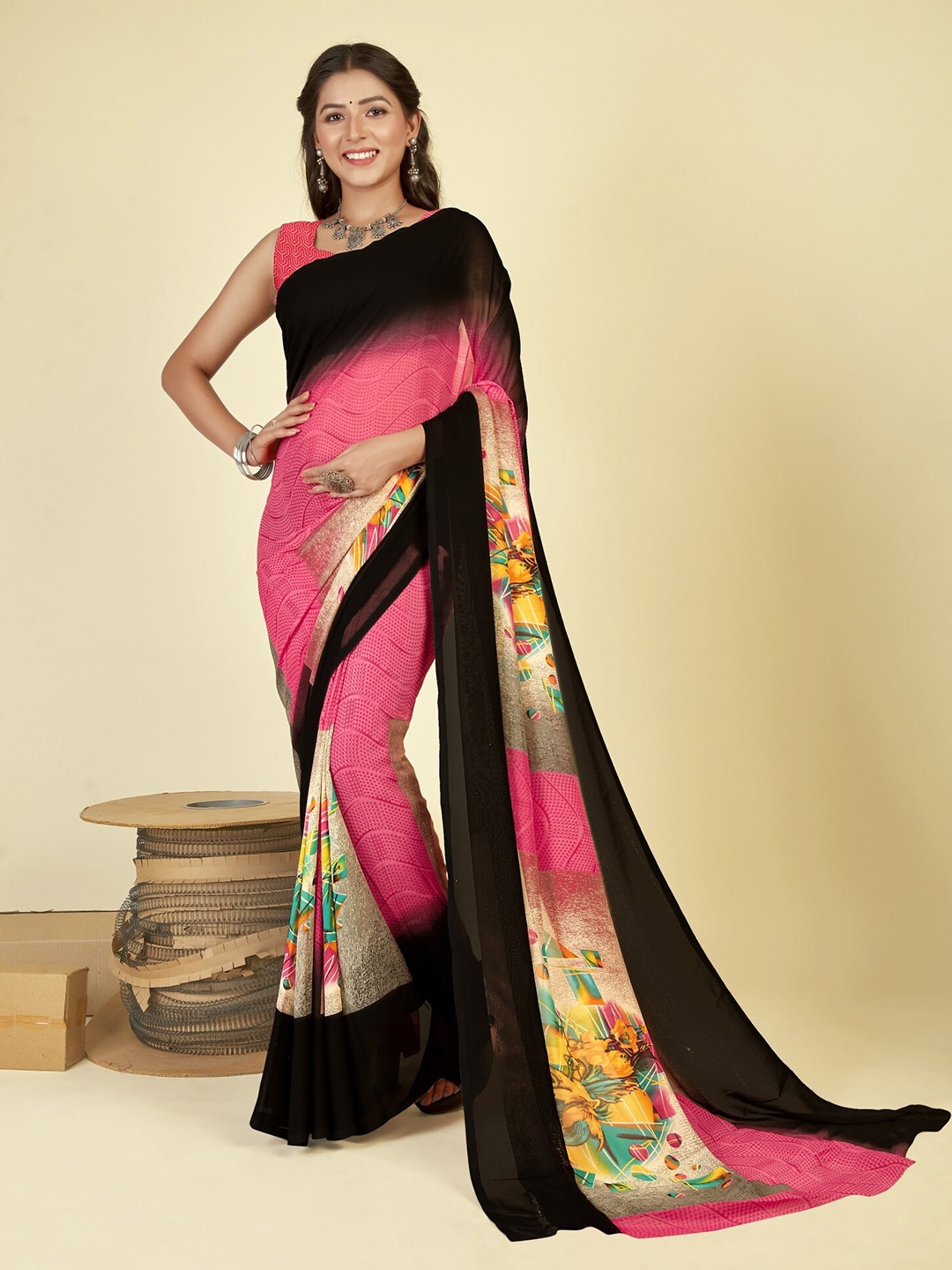 

Moda Rapido Colourblocked Printed Saree, Brown