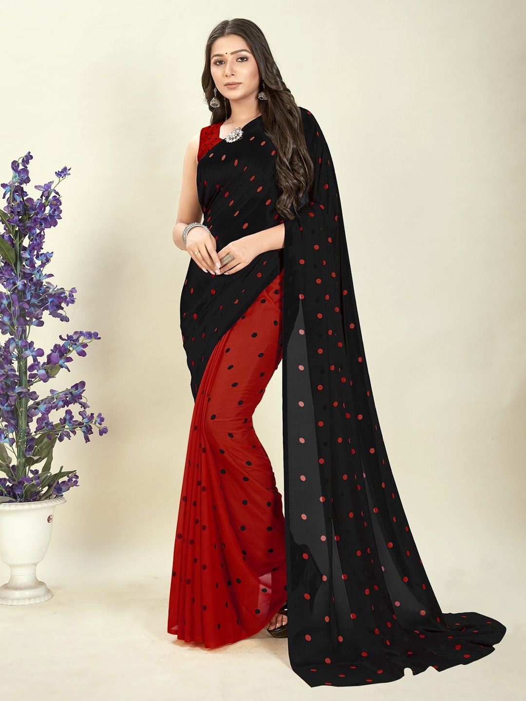 

Moda Rapido Polka Dots Printed Half and Half Saree With Blouse Piece, Red