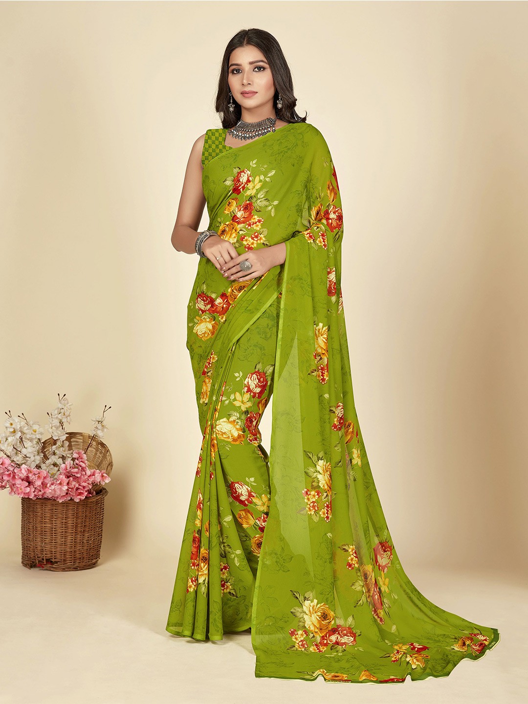 

ANAND SAREES Floral Printed Saree, Green