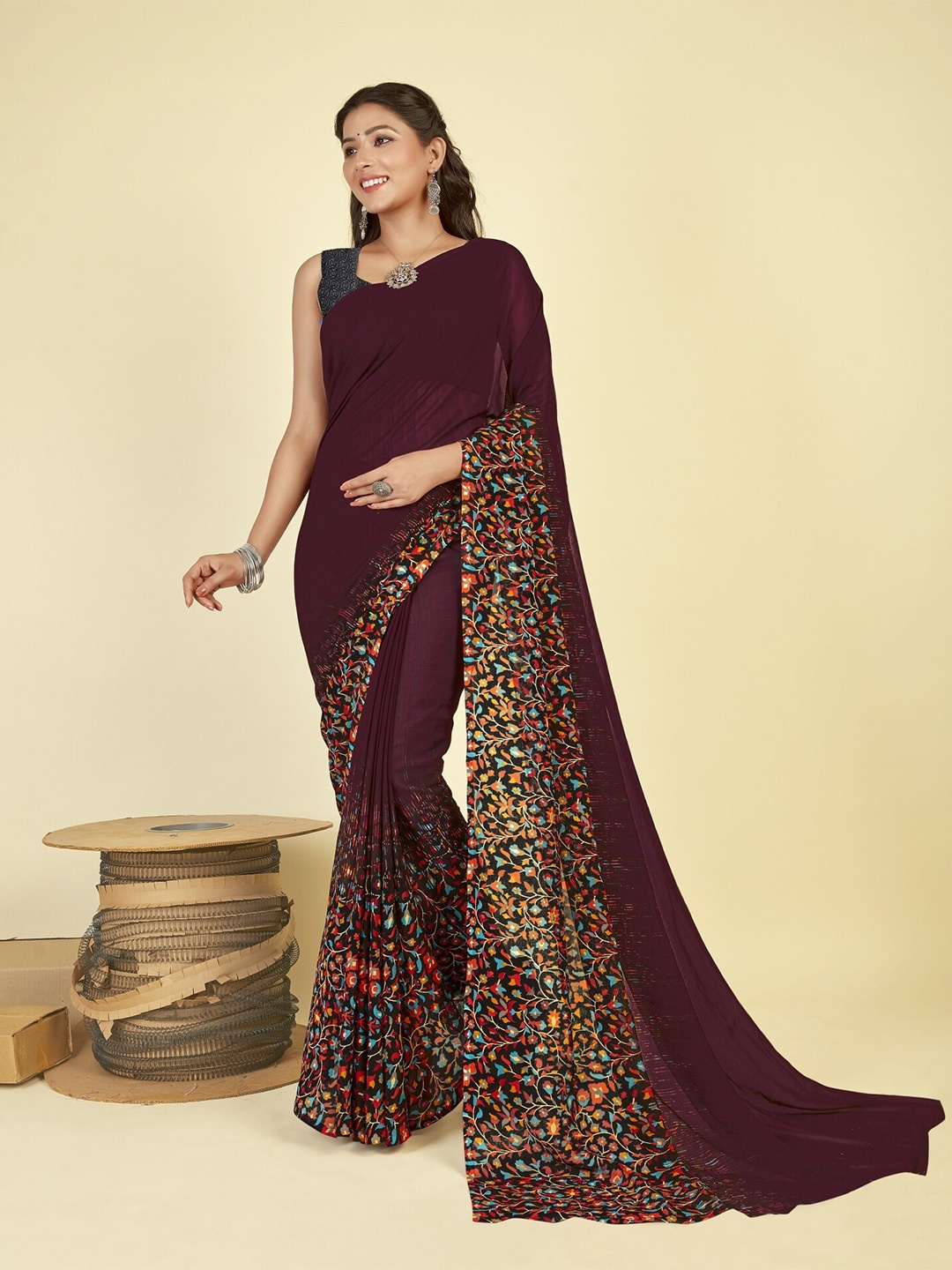 

ANAND SAREES Floral Printed Saree With Blouse Piece, Purple