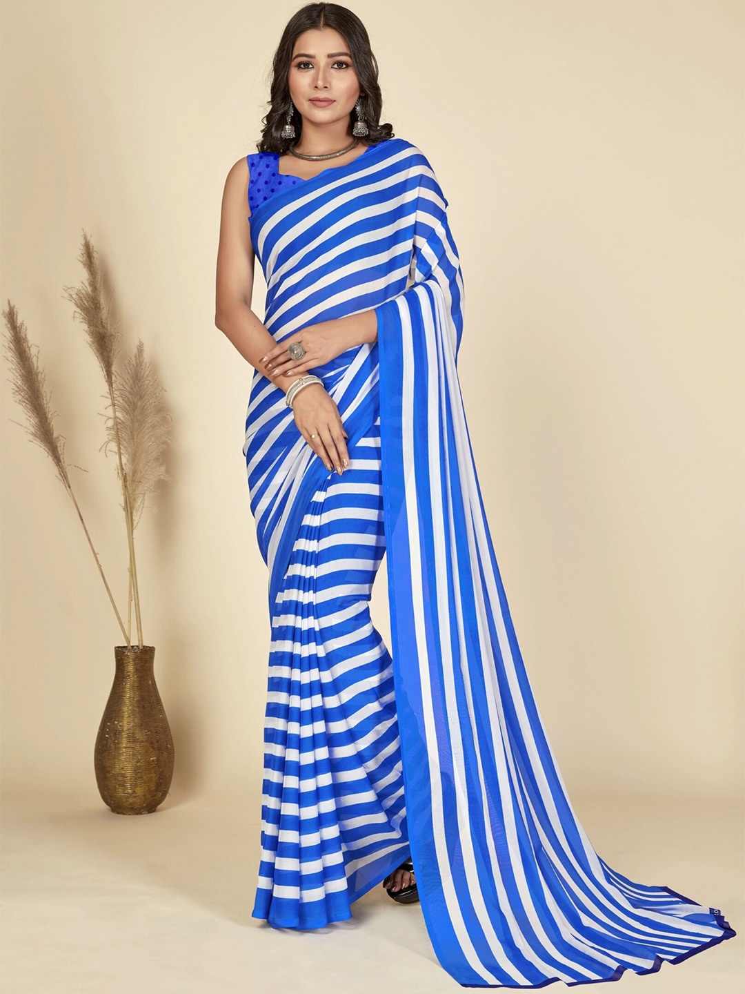 

Moda Rapido Striped Saree With Blouse Piece, Blue