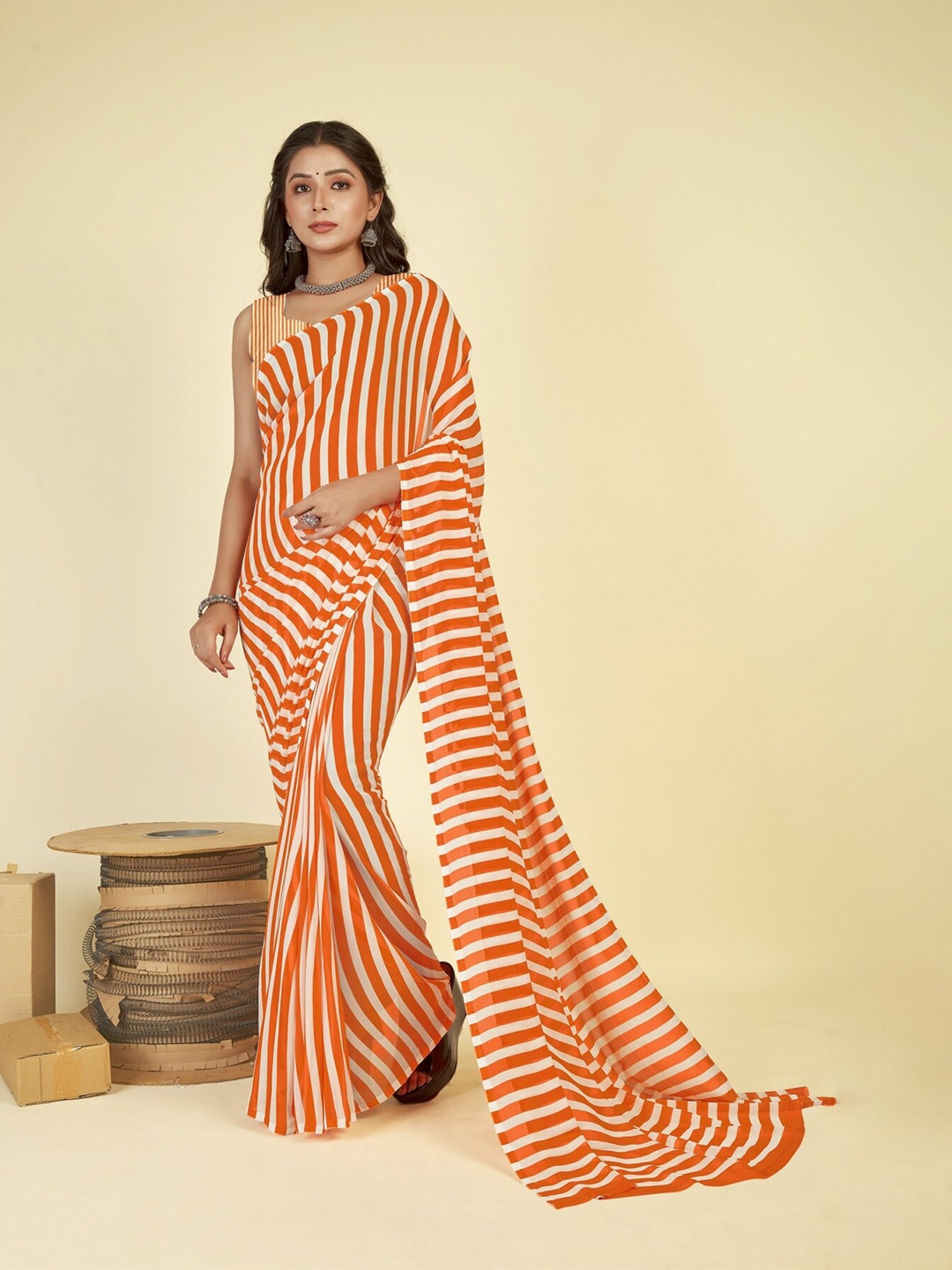 

ANAND SAREES Striped Saree, Orange