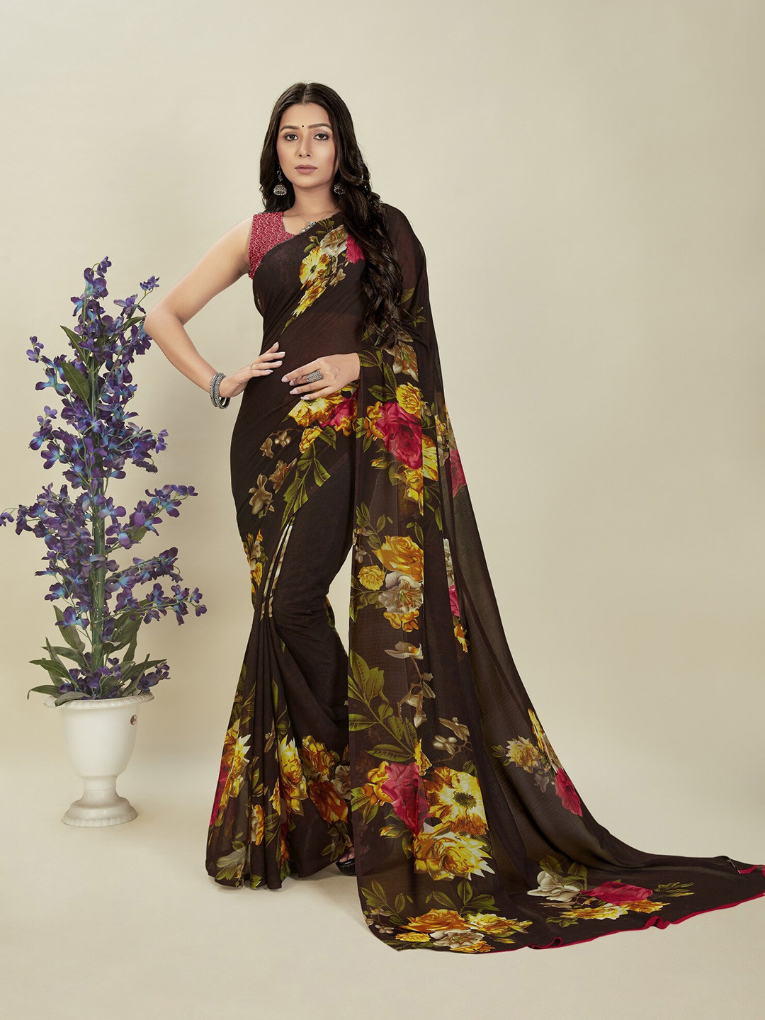 

ANAND SAREES Floral Printed Saree, Brown
