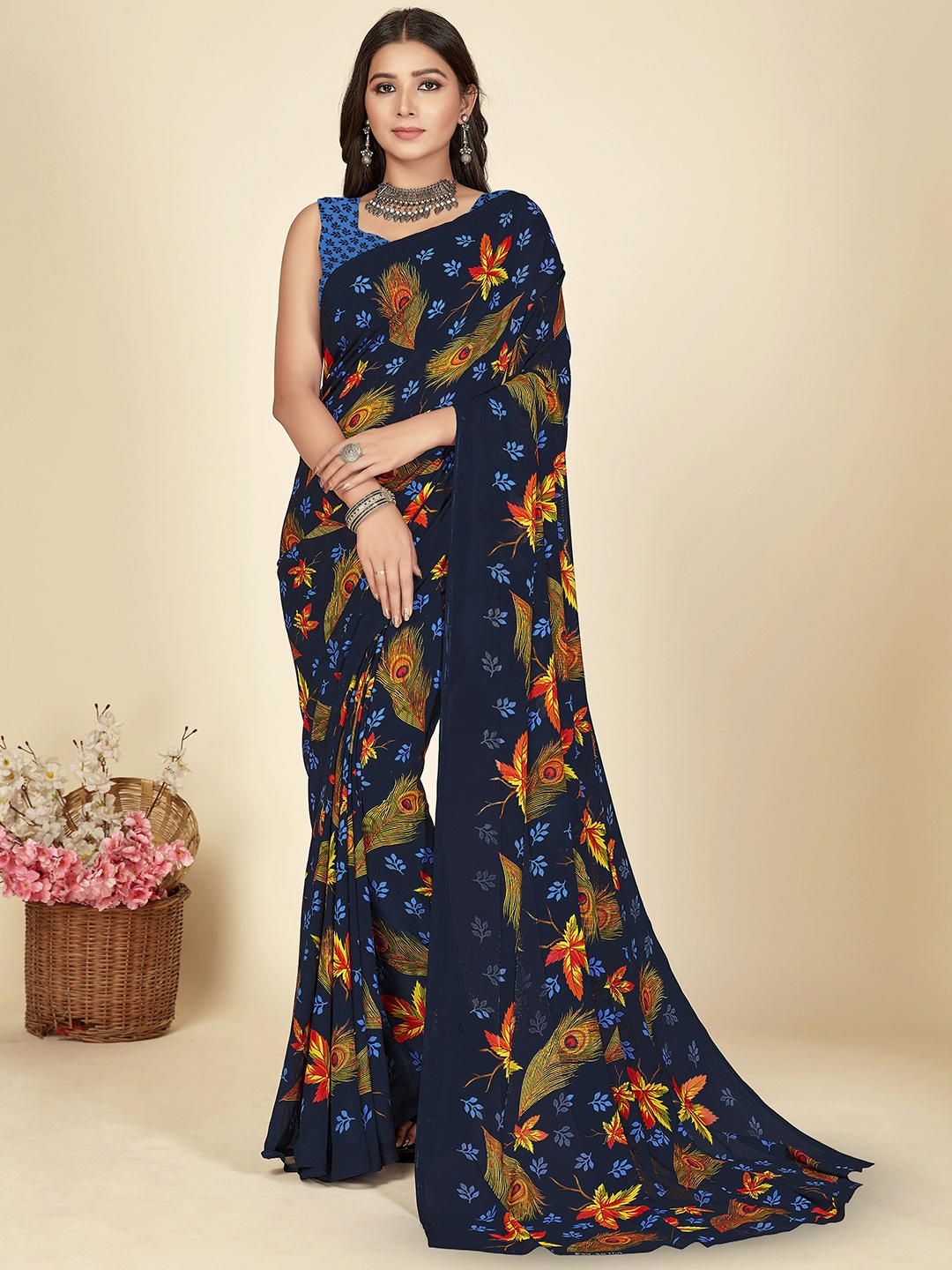 Moda Rapido Printed Saree With Blouse Piece, Navy blue