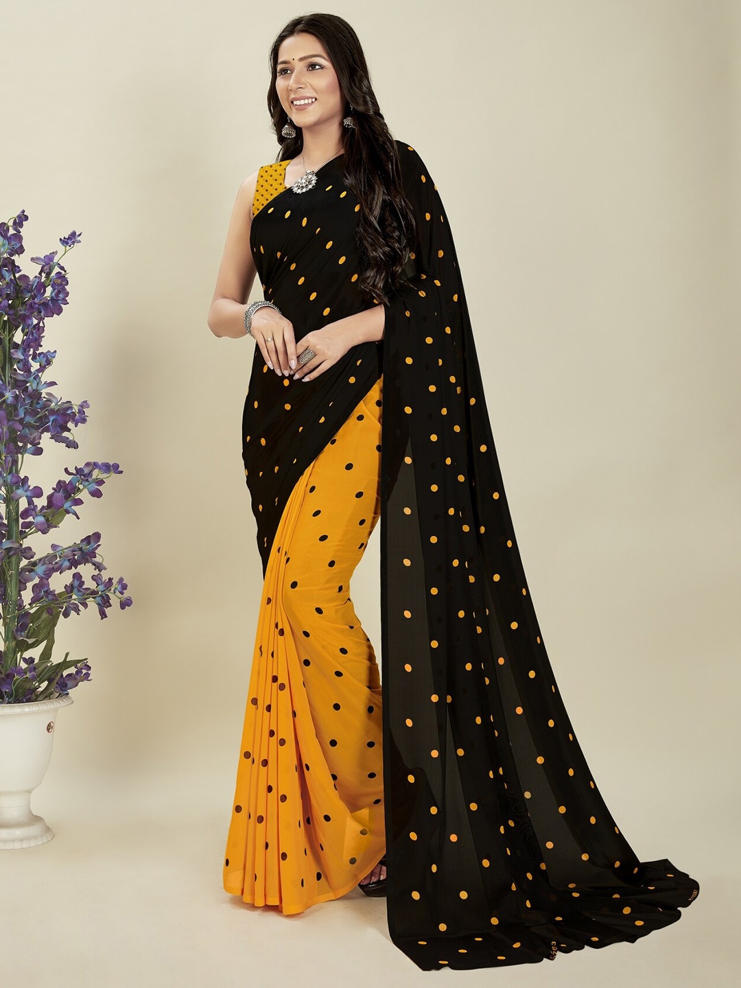 

Moda Rapido Polka Dot Printed Half And Half Saree With Blouse Piece, Black