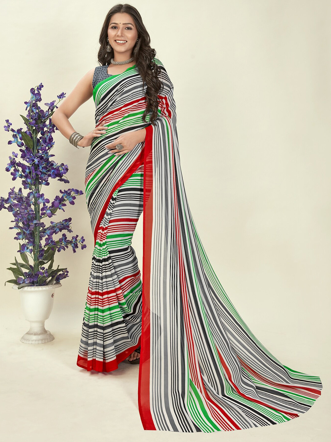 

ANAND SAREES Striped Printed Georgette Saree, Grey