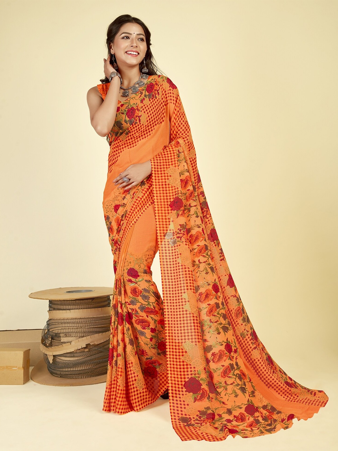 

ANAND SAREES Floral Printed Georgette Saree, Orange