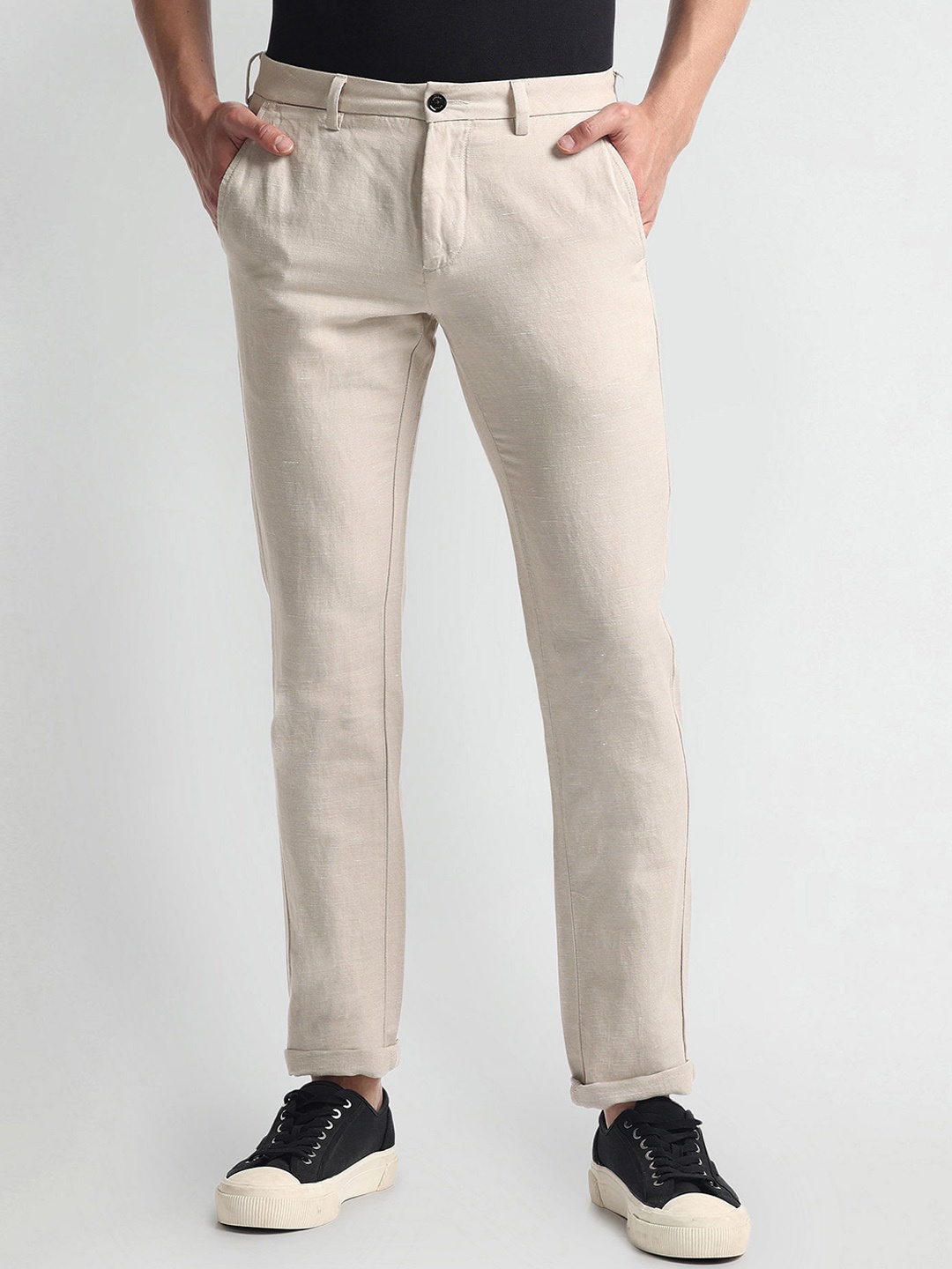 

Arrow Sport Men Slim Fit Mid-Rise Cotton Linen Trouser, Beige
