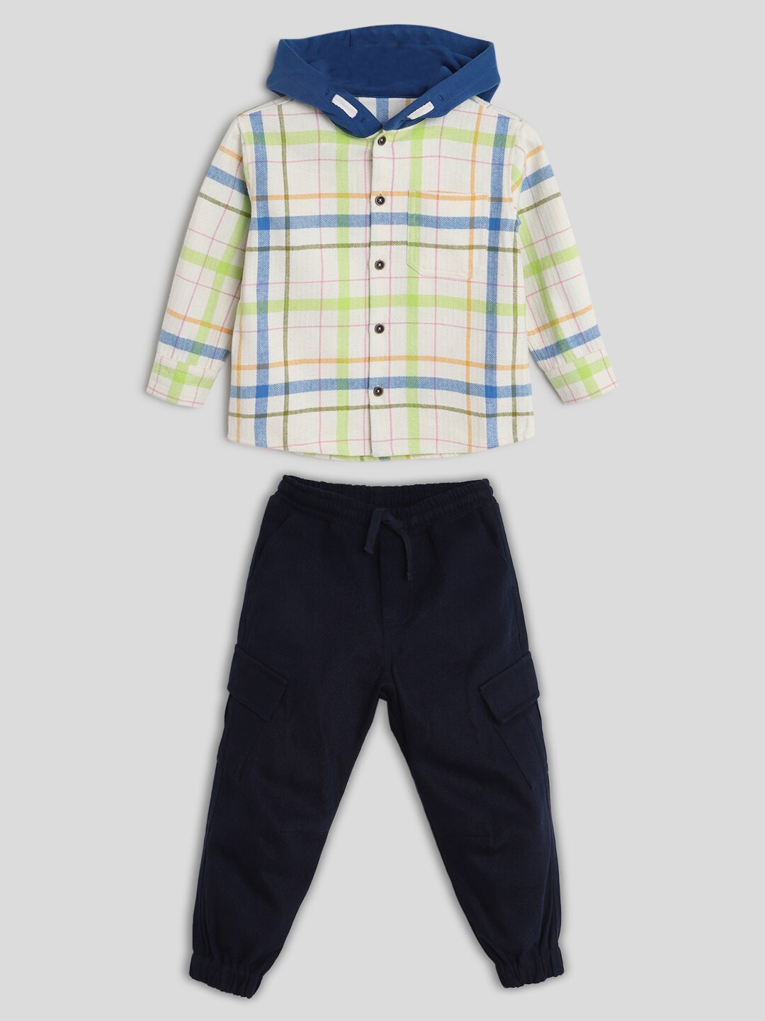 

Somersault Boys Checked Pure Cotton Hood Shirt With Trouser, White
