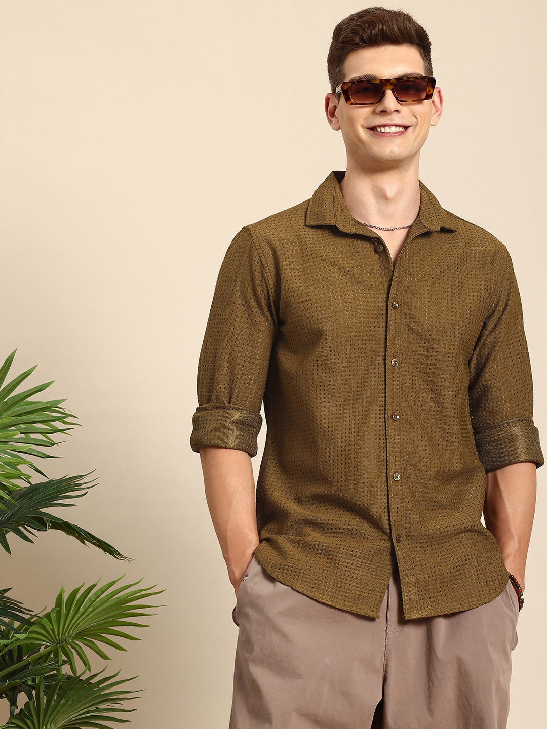 

Mast & Harbour Men Textured Casual Shirt, Brown