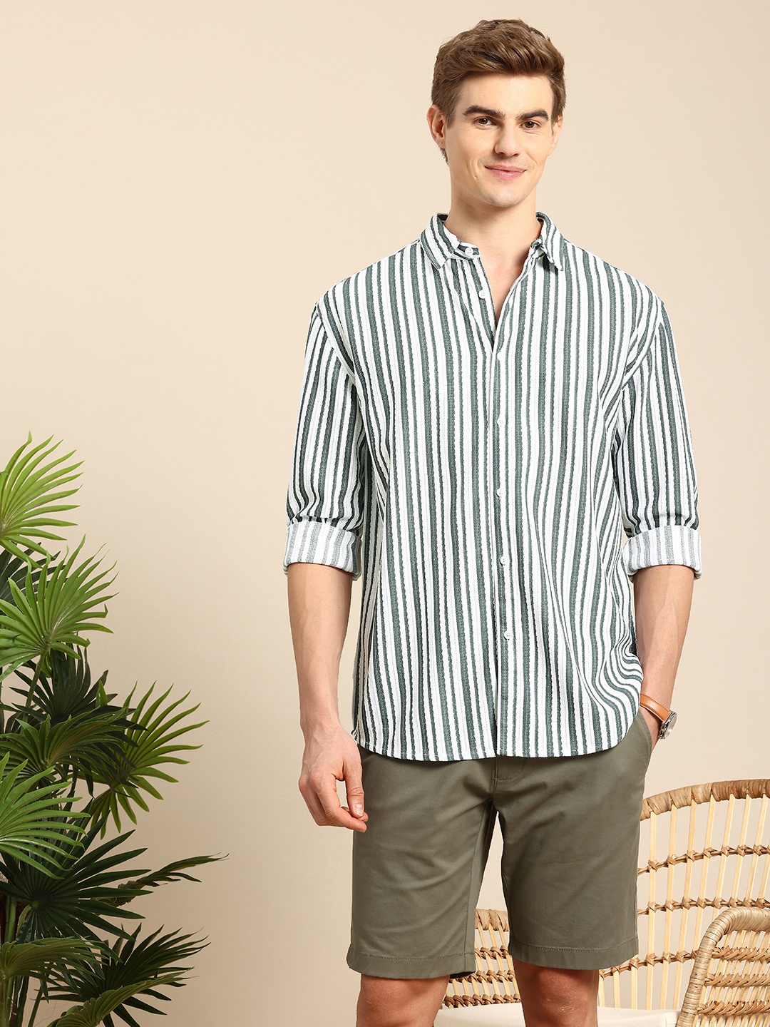 

Mast & Harbour Men Striped Casual Shirt, Green