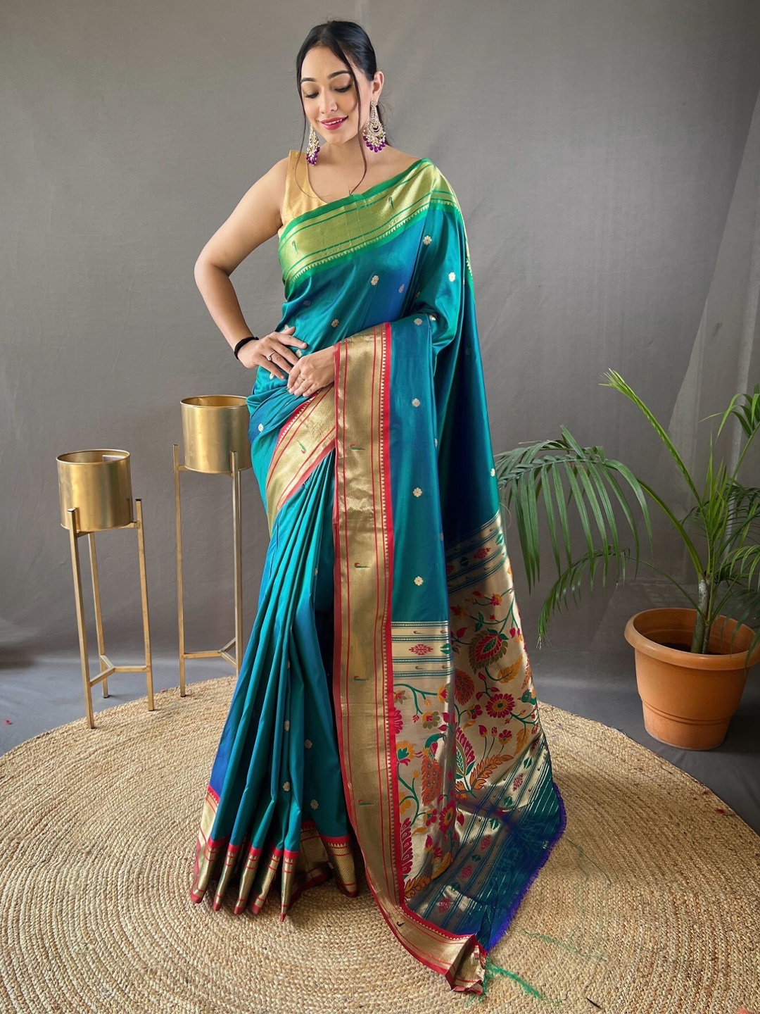 

LeeliPeeri Designer Ethnic Motifs Woven Design Zari Paithani Saree, Teal