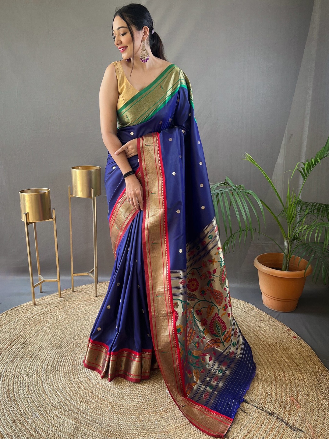 

LeeliPeeri Designer Woven Design Zari Silk Blend Paithani Saree, Navy blue